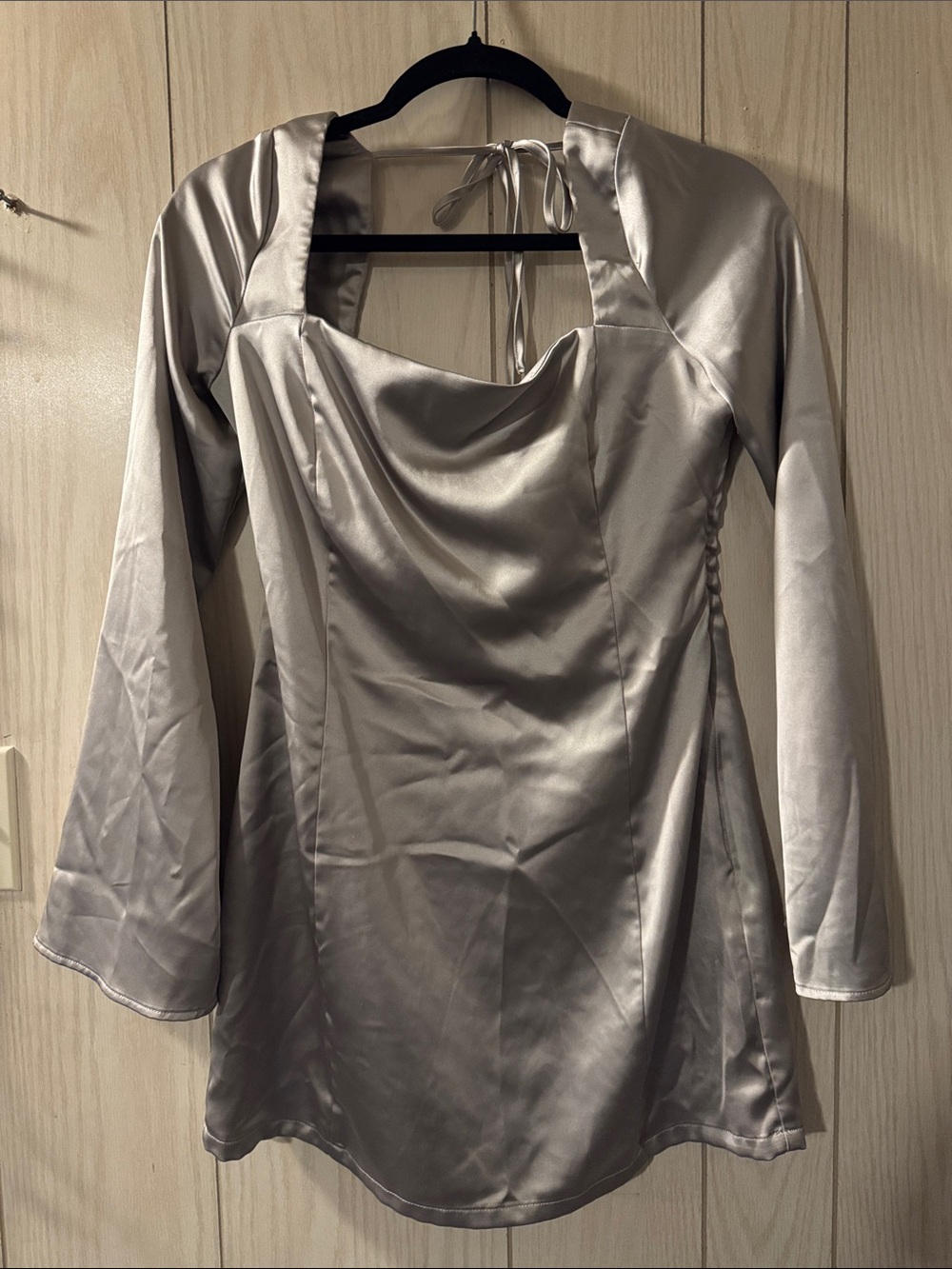 wild fable Silver Satin Dress with Bell Sleeves